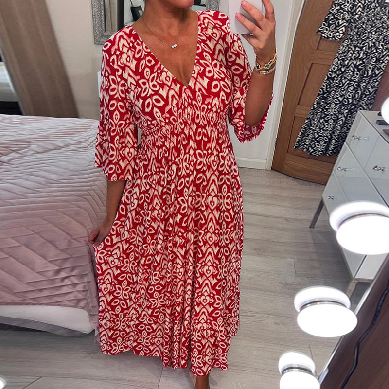 Casual Print V-Neck Waist Wrap Long Dress