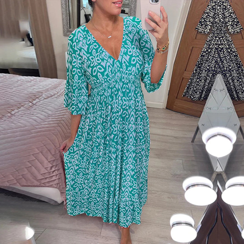 Casual Print V-Neck Waist Wrap Long Dress