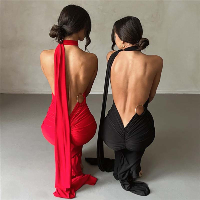 Women's Elegant Backless Halter Neck One-piece Dress