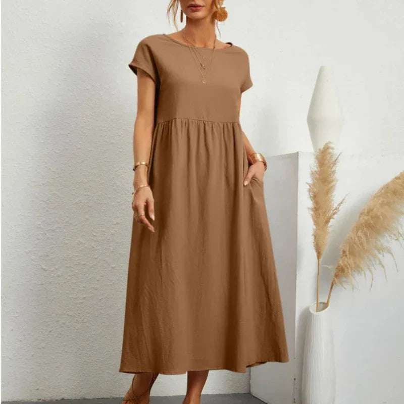 Solid Color Cotton Linen Pocket Dress