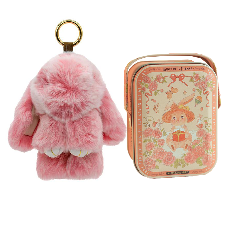 Handmade Fluffy Bunny Pom Pom Keychain with Decorative Tin Box