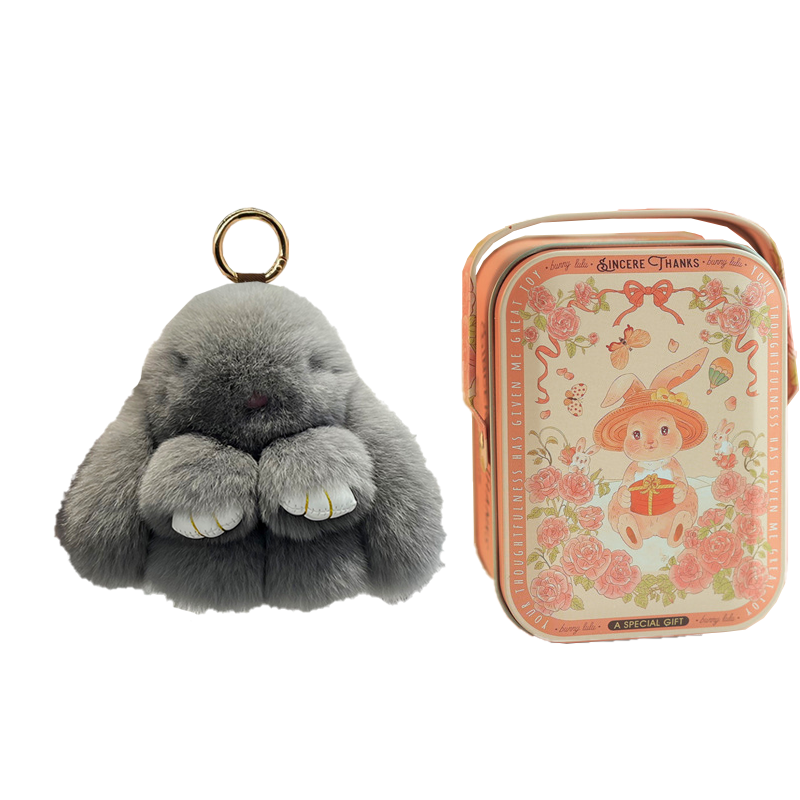 Handmade Fluffy Bunny Pom Pom Keychain with Decorative Tin Box