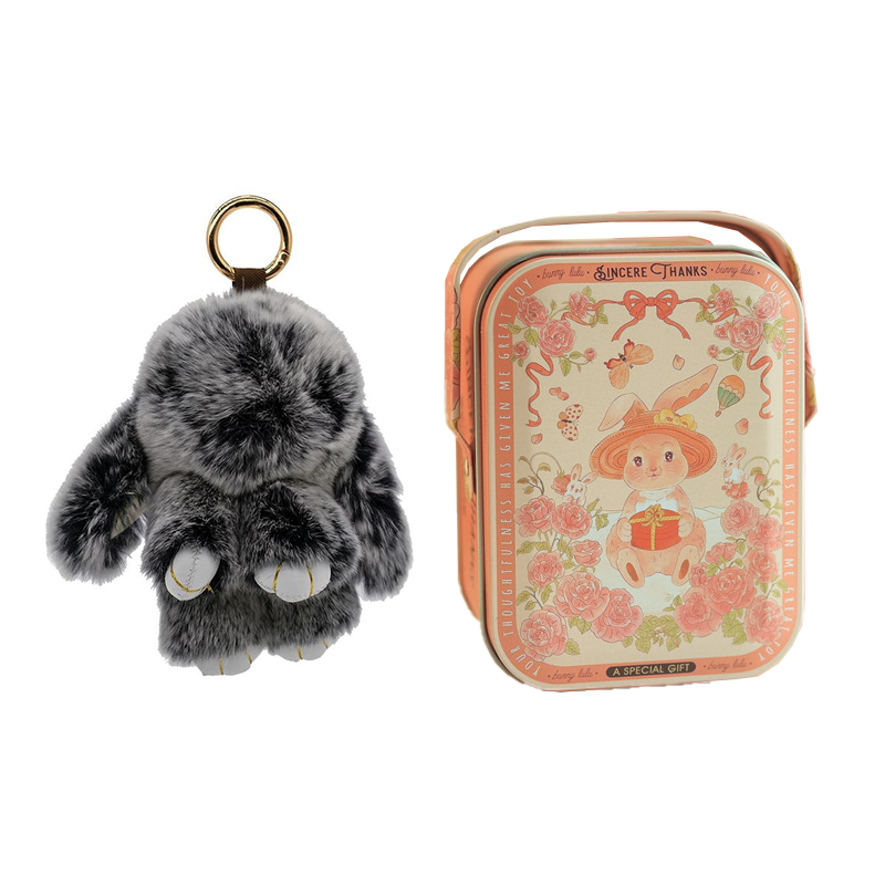 Handmade Fluffy Bunny Pom Pom Keychain with Decorative Tin Box