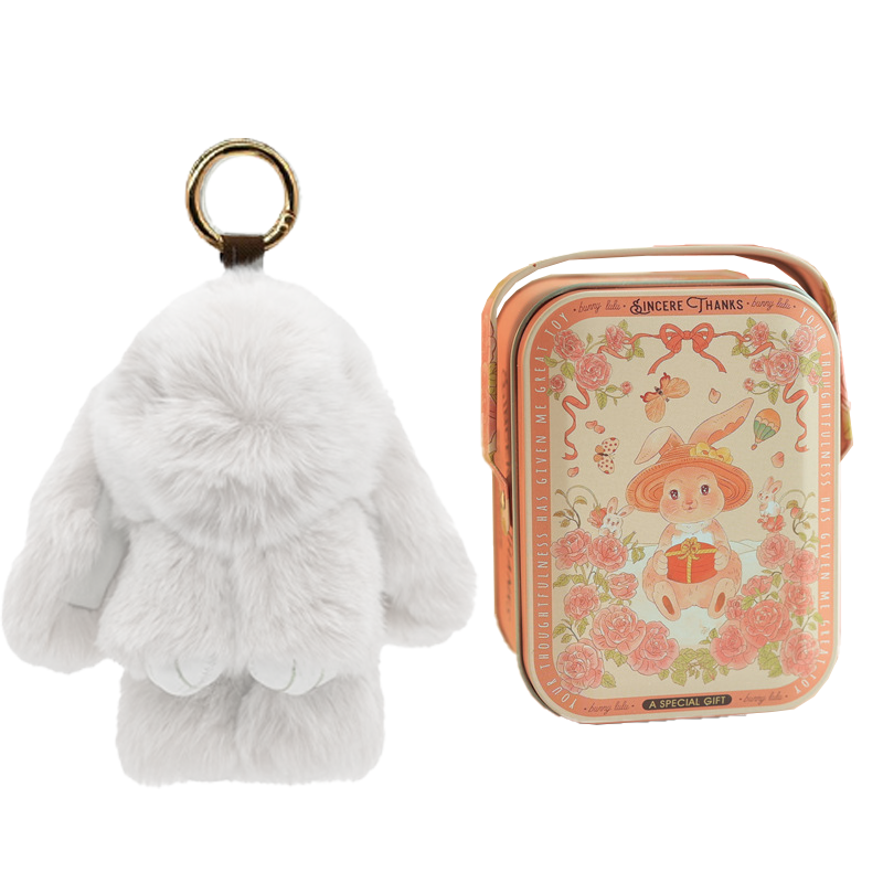 Handmade Fluffy Bunny Pom Pom Keychain with Decorative Tin Box