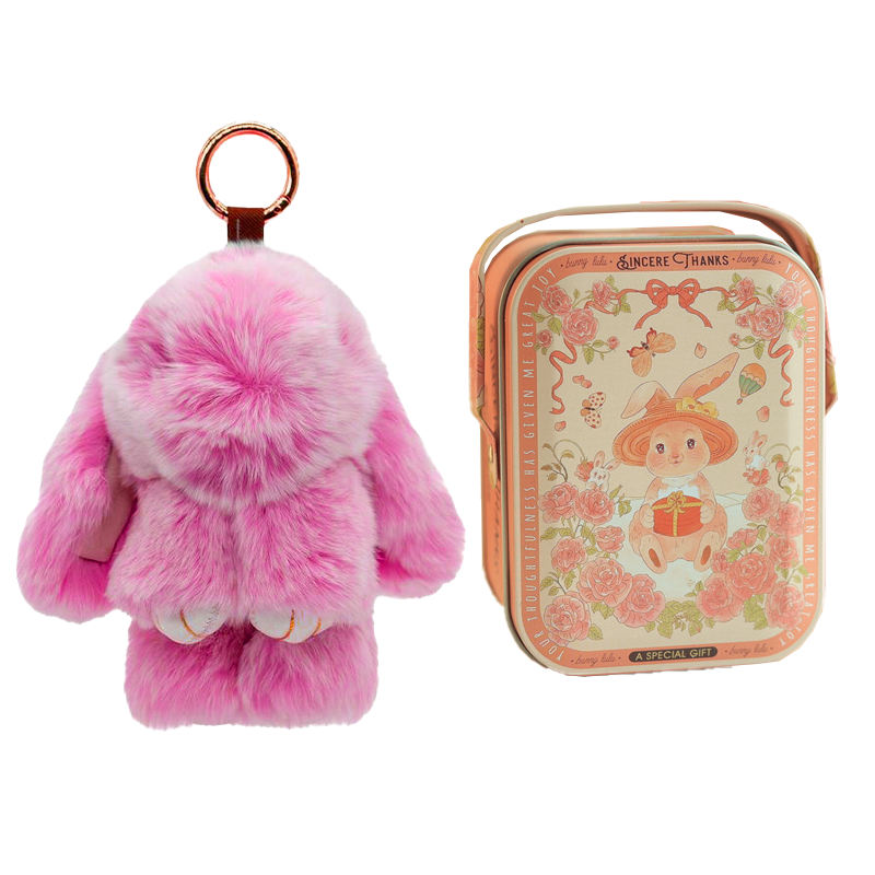 Handmade Fluffy Bunny Pom Pom Keychain with Decorative Tin Box