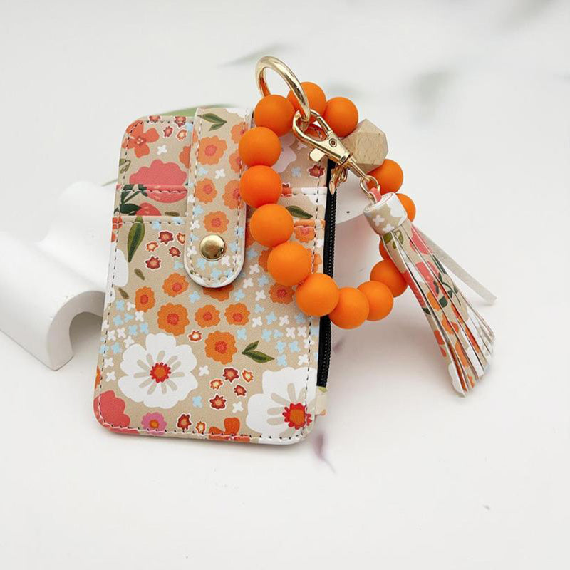 Boho Style Beaded & Tassel Decorated Keychain with Flower Pattern Wallet