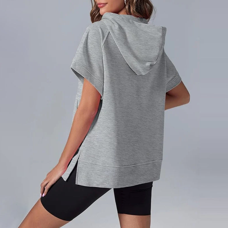 Oversized Casual Half Zip Short Sleeve Pullover Tops