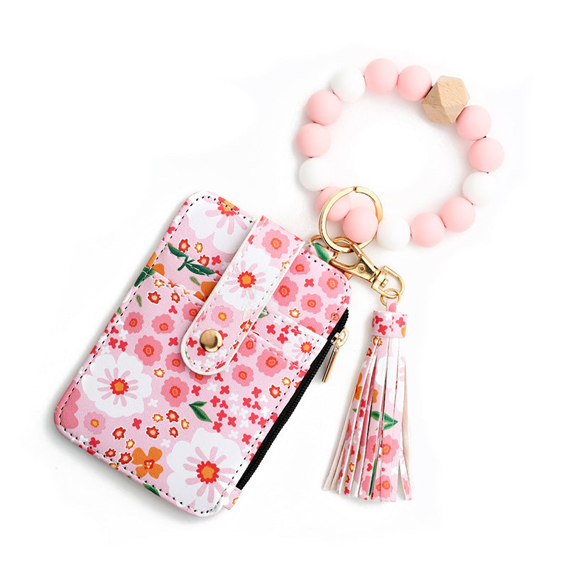 Boho Style Beaded & Tassel Decorated Keychain with Flower Pattern Wallet