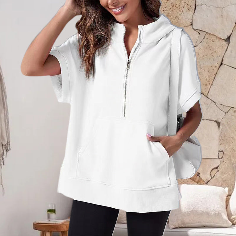 Oversized Casual Half Zip Short Sleeve Pullover Tops