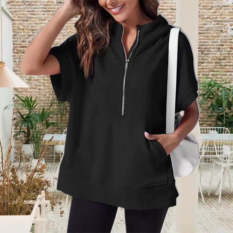 Oversized Casual Half Zip Short Sleeve Pullover Tops