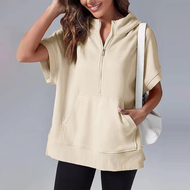 Oversized Casual Half Zip Short Sleeve Pullover Tops