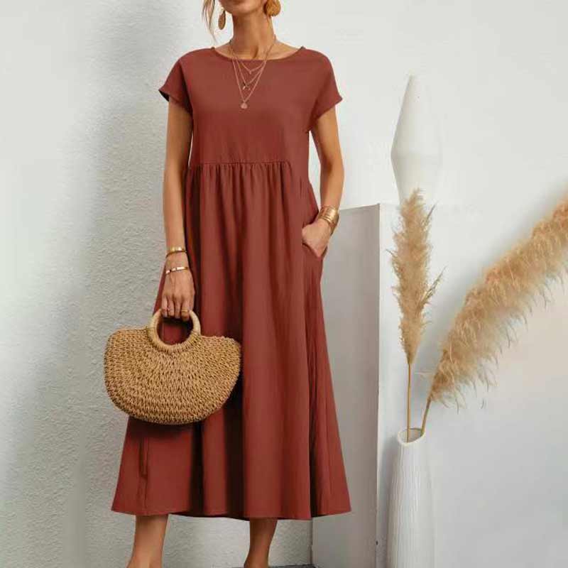 Solid Color Cotton Linen Pocket Dress