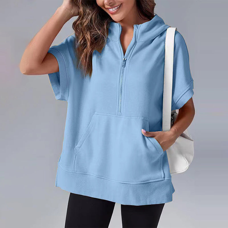 Oversized Casual Half Zip Short Sleeve Pullover Tops