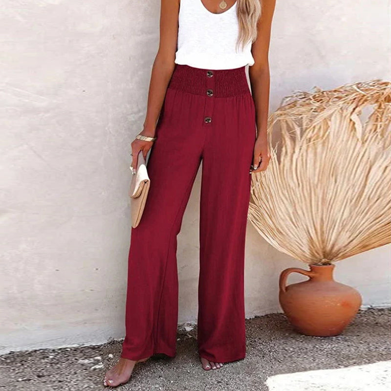 Linen Blend High-Waist Smocked Trousers