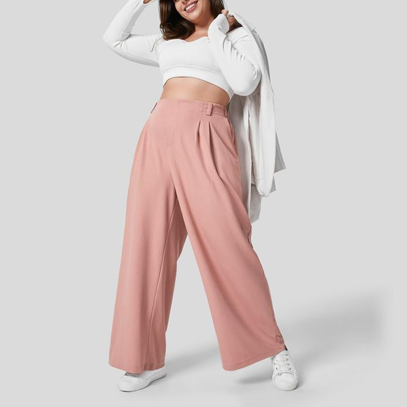 High Waisted Plicated Side Pocket Wide Leg Casual Pants