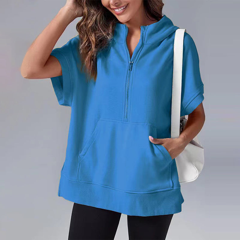 Oversized Casual Half Zip Short Sleeve Pullover Tops