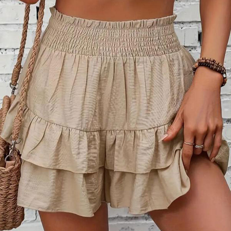 Women's Frill Trim Ruffle Hem Shirred High Waist Shorts