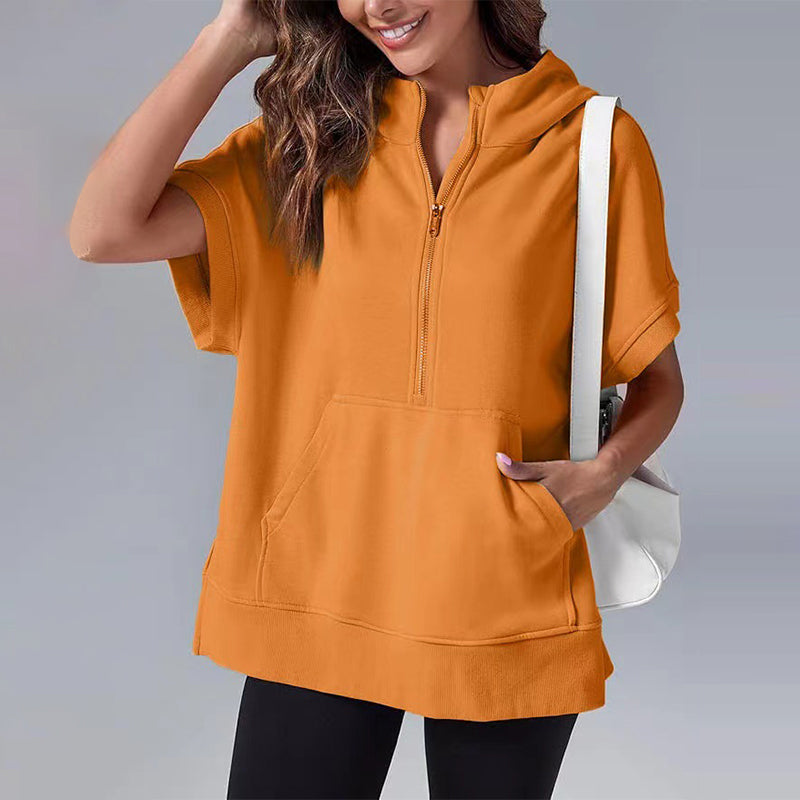 Oversized Casual Half Zip Short Sleeve Pullover Tops