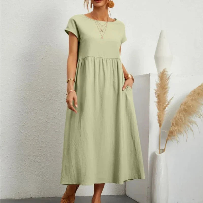 Solid Color Cotton Linen Pocket Dress