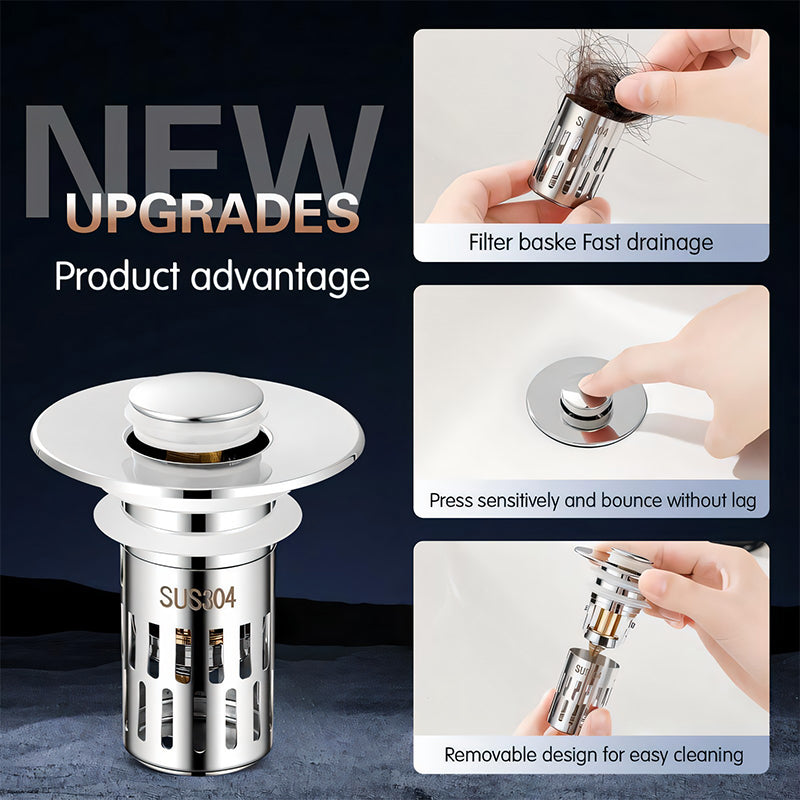 Bathroom Sink Universal Multi-Purpose Drain Strainer, Pop-Up with Removable Stainless Steel Strainer Basket Drain Hair Plug, Anti-Odor Plug