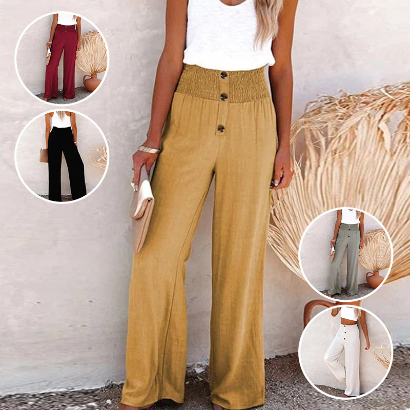 Linen Blend High-Waist Smocked Trousers