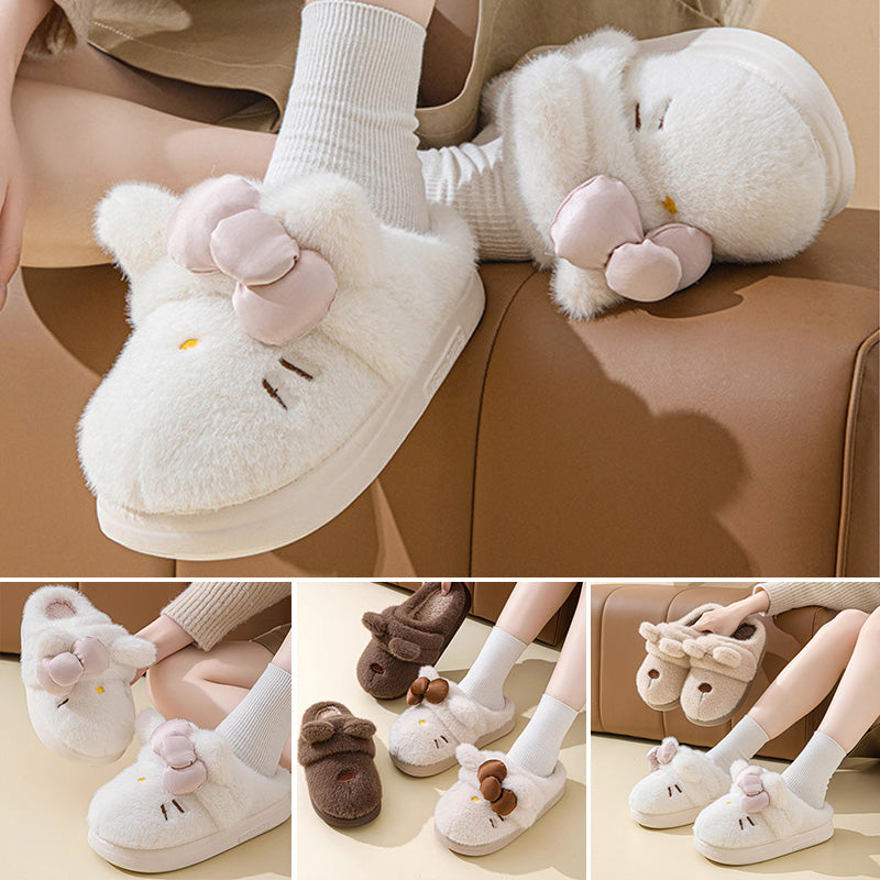 Cute Cartoon Embroidery Bow Decor Plush Slippers