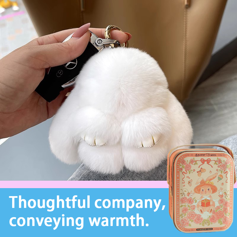 Handmade Fluffy Bunny Pom Pom Keychain with Decorative Tin Box