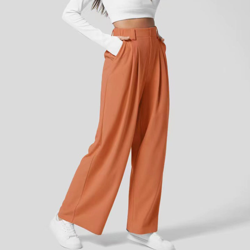 High Waisted Plicated Side Pocket Wide Leg Casual Pants