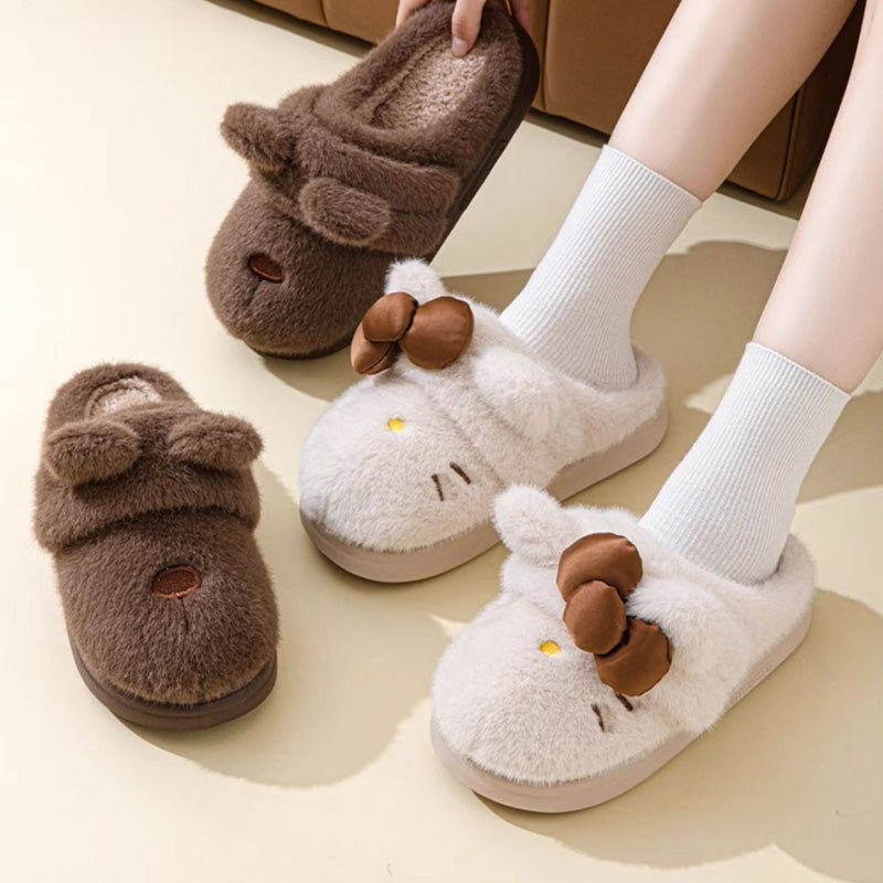 Cute Cartoon Embroidery Bow Decor Plush Slippers