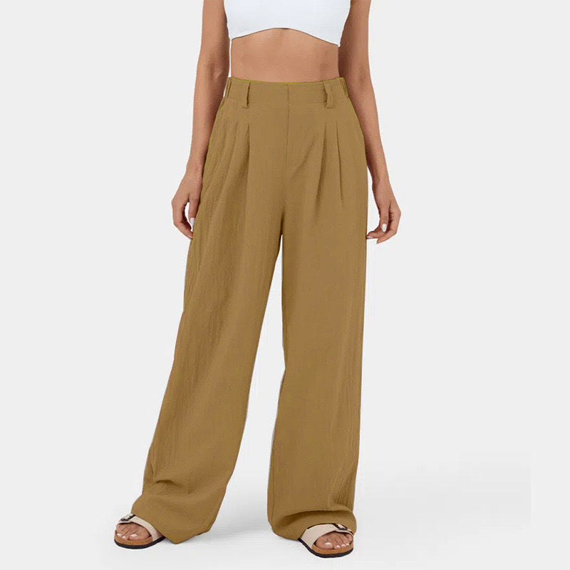 High Waisted Plicated Side Pocket Wide Leg Casual Pants