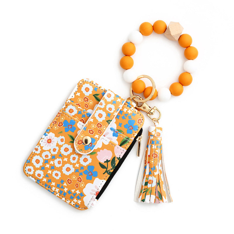 Boho Style Beaded & Tassel Decorated Keychain with Flower Pattern Wallet