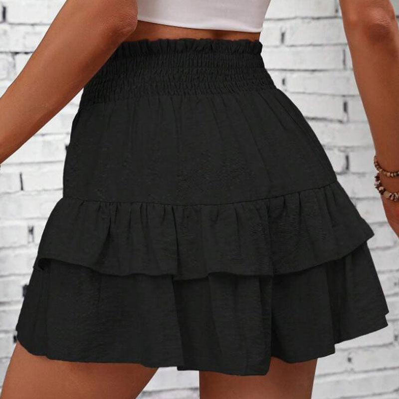 Women's Frill Trim Ruffle Hem Shirred High Waist Shorts