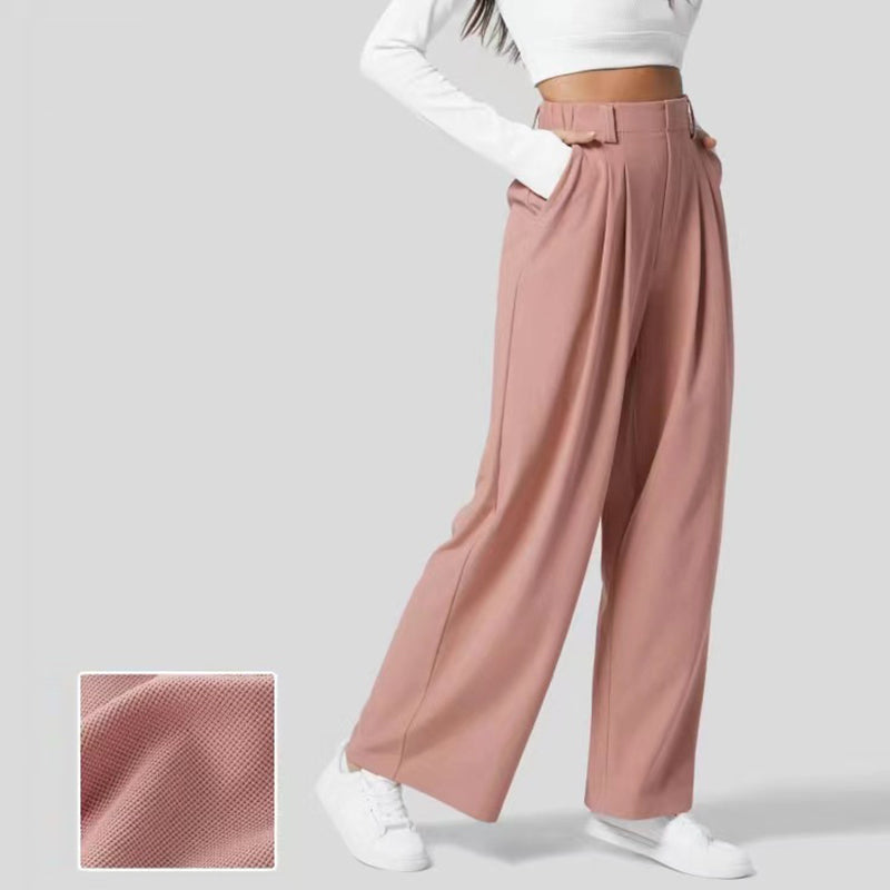 High Waisted Plicated Side Pocket Wide Leg Casual Pants