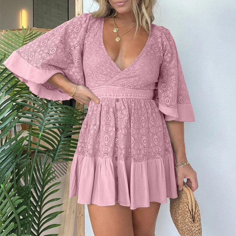 Lace Crochet Romper Dress with Built-in Shorts