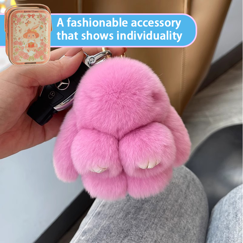 Handmade Fluffy Bunny Pom Pom Keychain with Decorative Tin Box