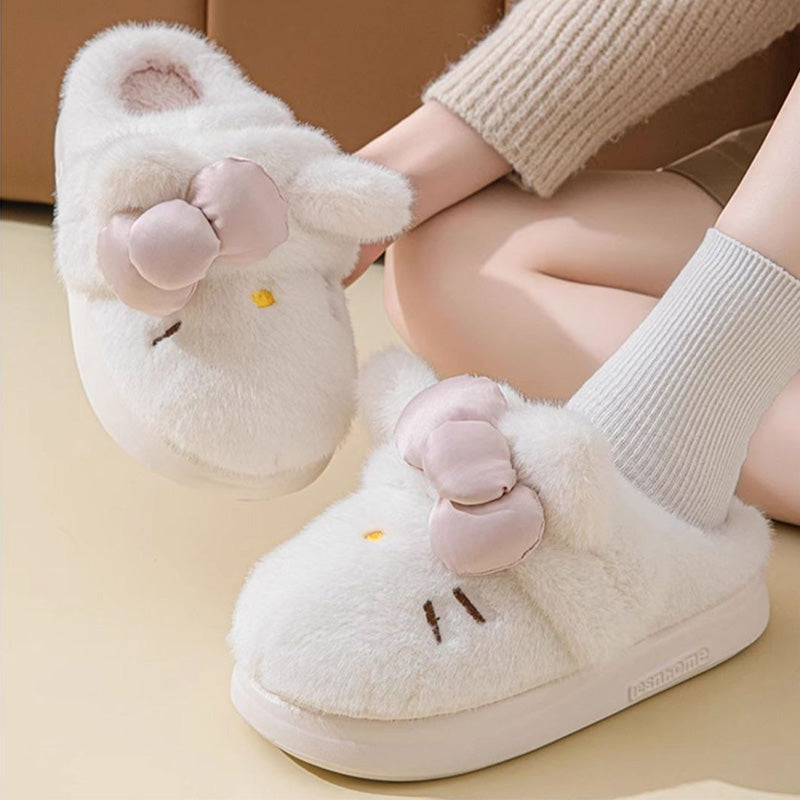 Cute Cartoon Embroidery Bow Decor Plush Slippers