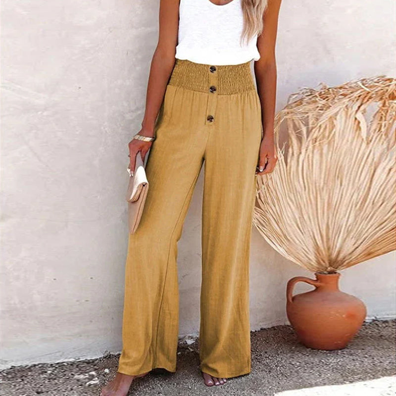 Linen Blend High-Waist Smocked Trousers