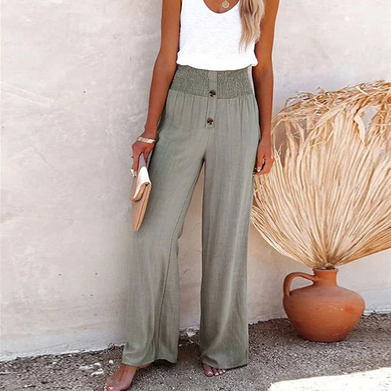 Linen Blend High-Waist Smocked Trousers