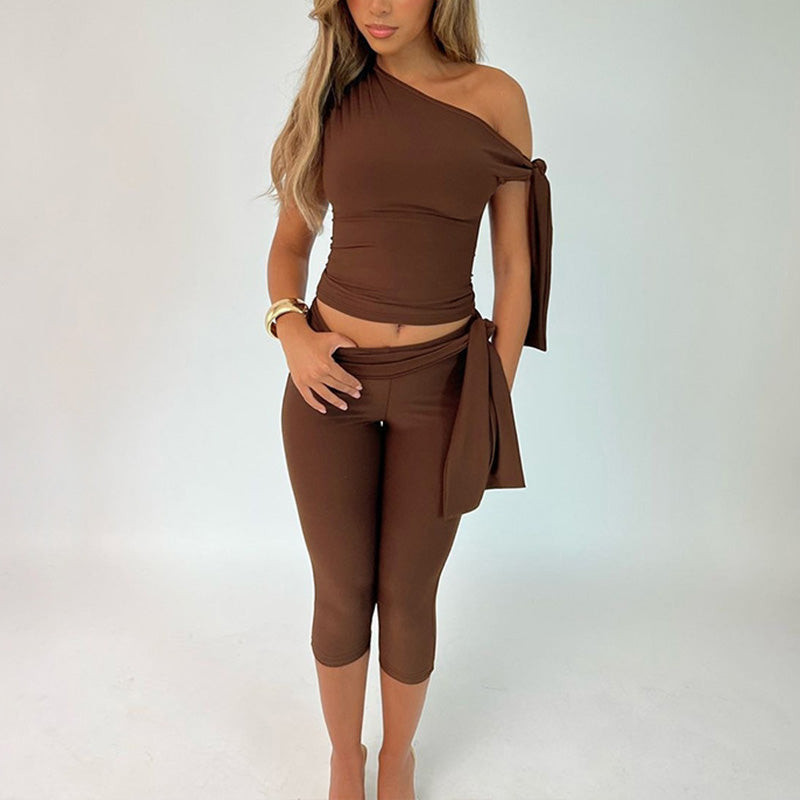 Women's Asymmetrical Knot Top & Capri Pants Set