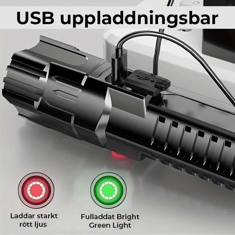 Bärbar USB-uppladdningsbar kraftfull ficklampa