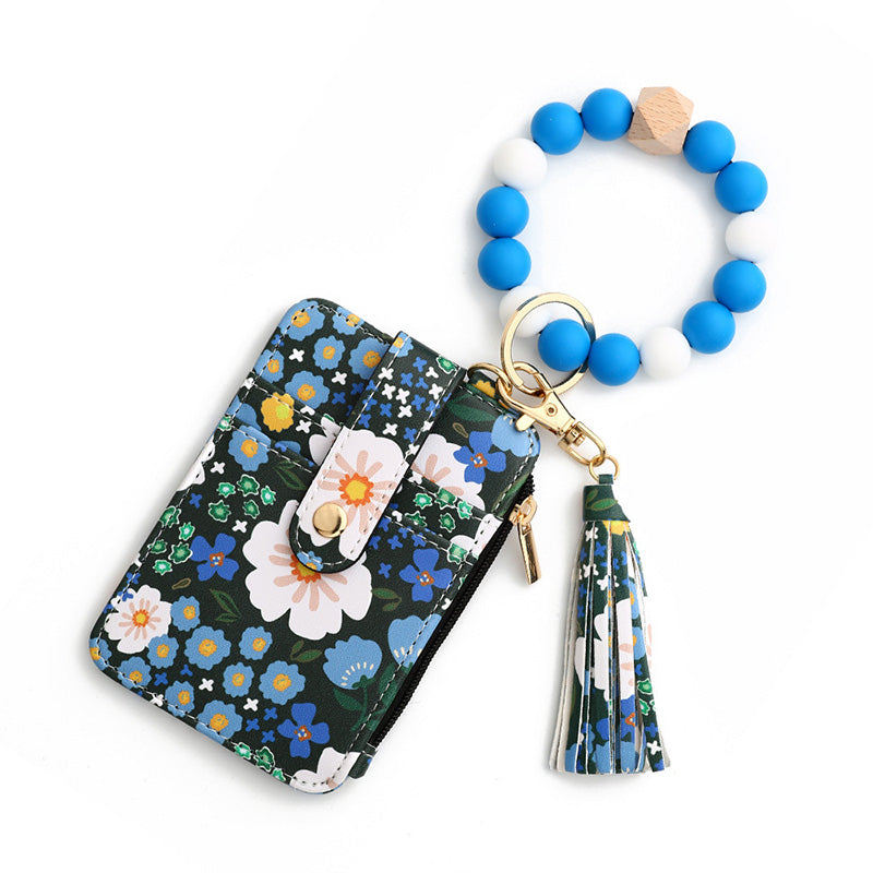 Boho Style Beaded & Tassel Decorated Keychain with Flower Pattern Wallet