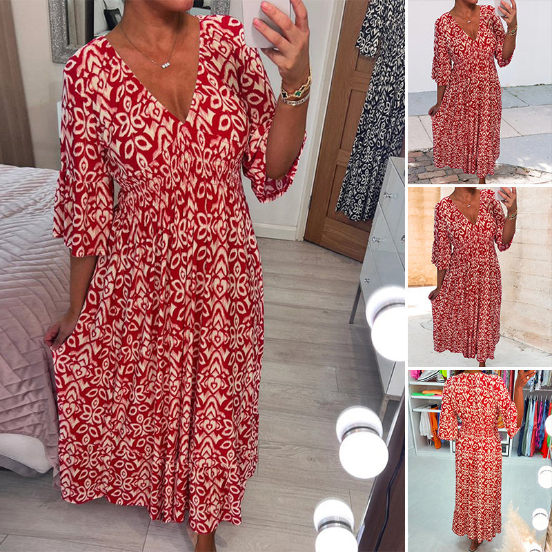 Casual Print V-Neck Waist Wrap Long Dress