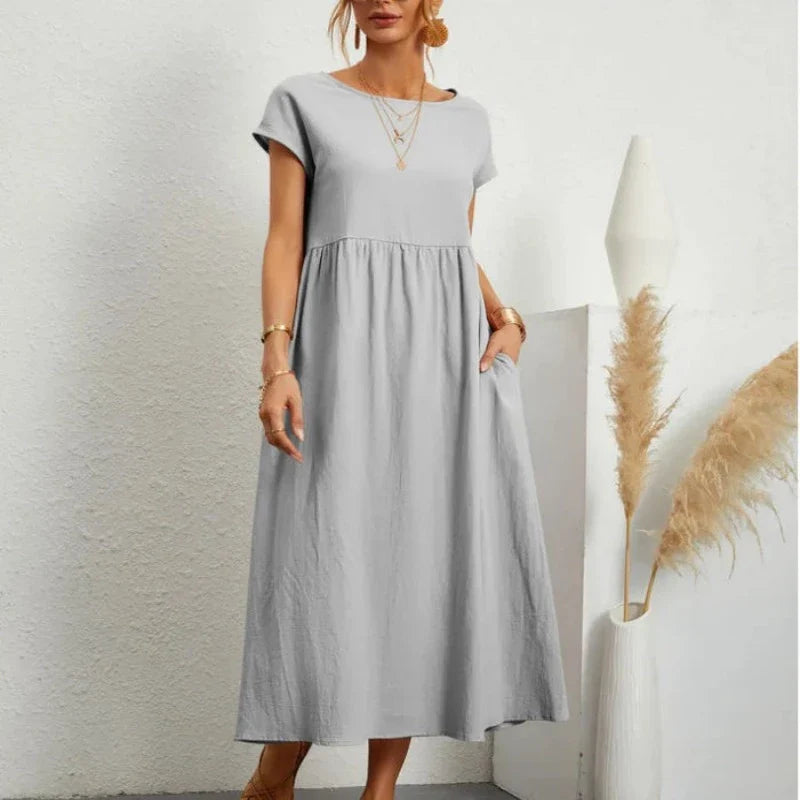 Solid Color Cotton Linen Pocket Dress