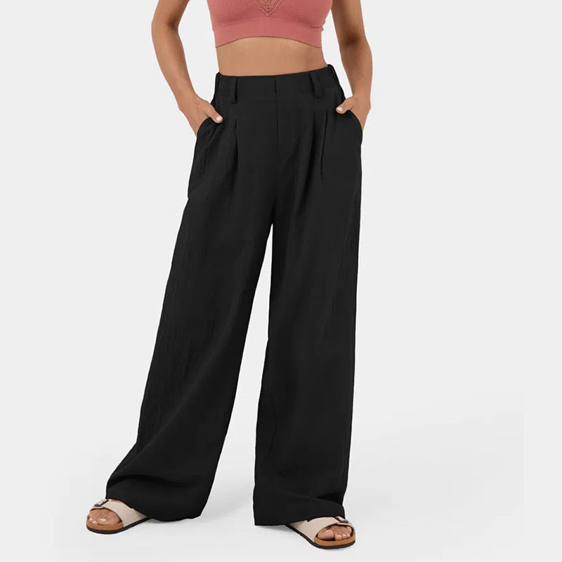 High Waisted Plicated Side Pocket Wide Leg Casual Pants