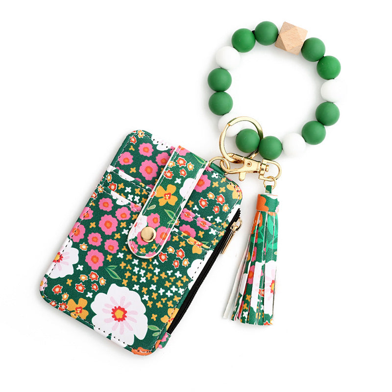 Boho Style Beaded & Tassel Decorated Keychain with Flower Pattern Wallet