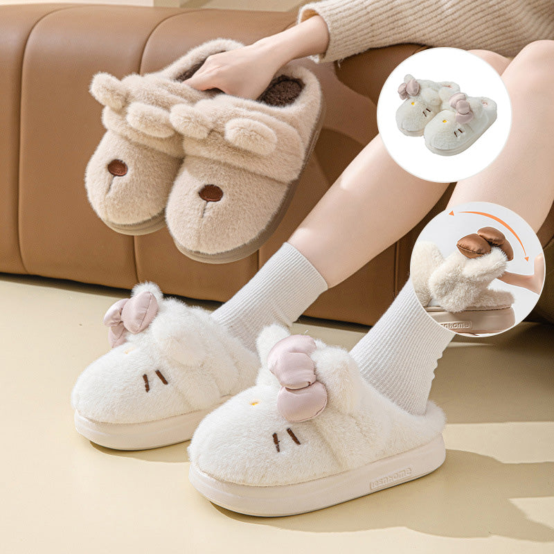 Cute Cartoon Embroidery Bow Decor Plush Slippers