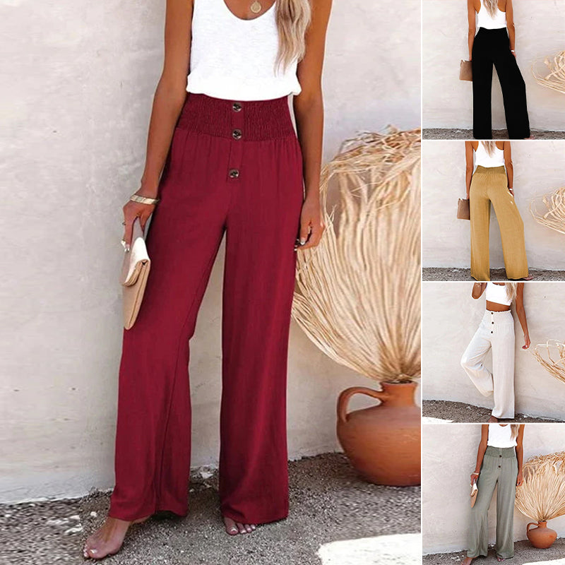 Linen Blend High-Waist Smocked Trousers