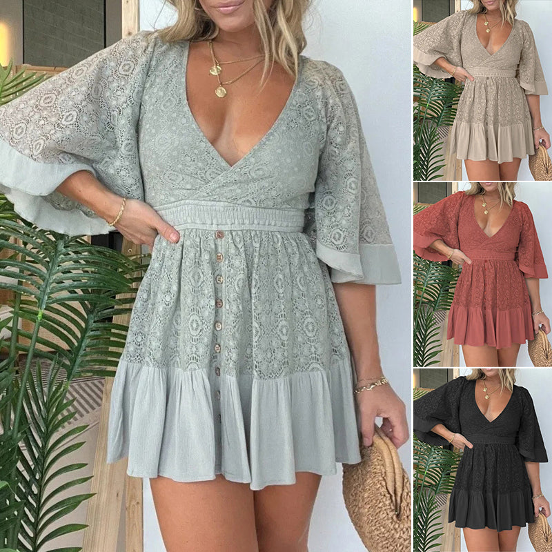 Lace Crochet Romper Dress with Built-in Shorts