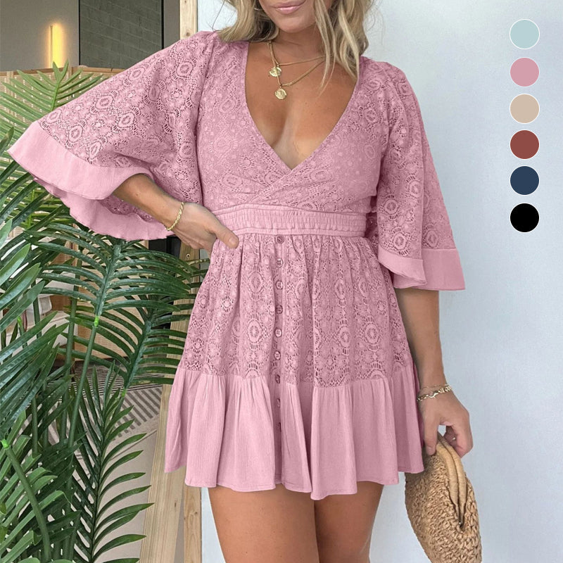 Lace Crochet Romper Dress with Built-in Shorts