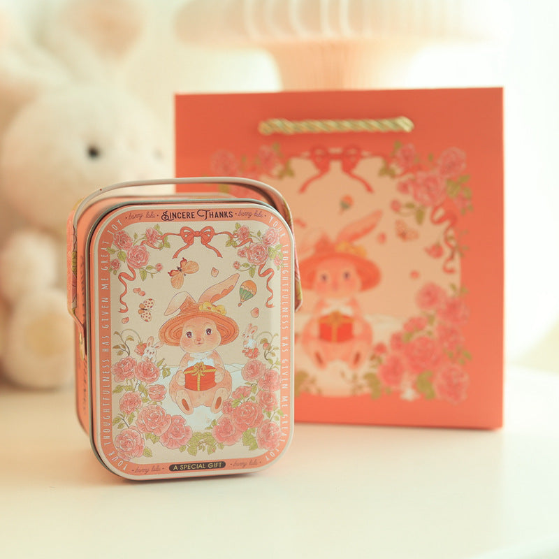 Handmade Fluffy Bunny Pom Pom Keychain with Decorative Tin Box